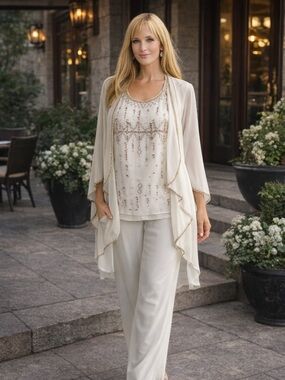 Midnight Velvet 3PC Ivory Beaded Pant Set Size L Formal Evening Wedding Outfit
